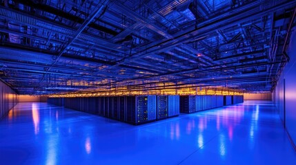 Poster - Futuristic Data Center with Advanced Technology and Vibrant Blue and Orange Lighting, Showcasing High-Performance Server Racks and Infrastructure for Digital Connectivity