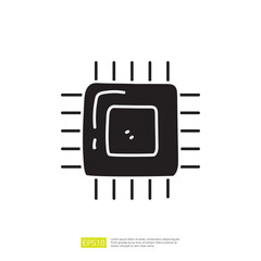 Poster - This image depicts a stylized graphic representation of a microchip or processor, highlighting its central square and surrounding pins, symbolizing technology.