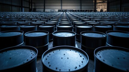 Poster - Aerial View of Storage Facility Filled with Rows of Metal Barrels Neatly Organized in an Industrial Warehouse Setting