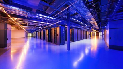 Poster - Modern Data Center Interior with Illuminated Server Racks and Blue Ambient Lighting in a High-Tech Environment for Technology and Innovation