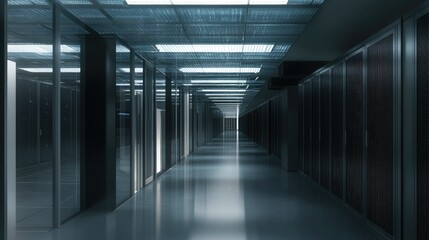 Poster - Futuristic Data Center Corridor with Modern Server Racks and Ambient Lights, Showcasing Advanced Technology and Contemporary Architecture