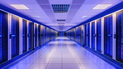 Poster - Futuristic Data Center Interior with Rows of Servers and Blue LED Lights Illuminating the Aisles and Exuding a High-Tech Atmosphere in a Modern Facility