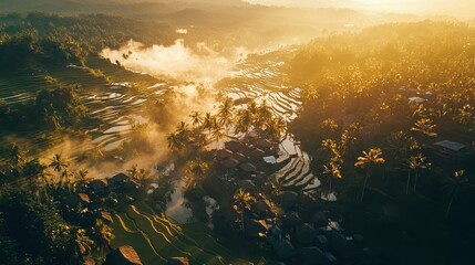  Golden Hour over Geometric Rice Terraces in Lush Landscape