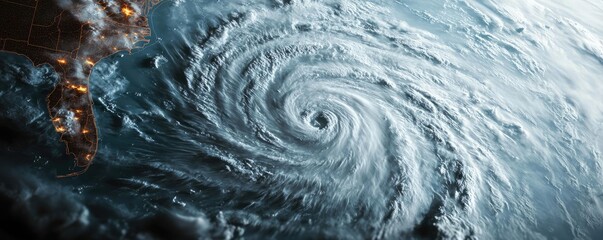 Poster - Aerial view of a powerful hurricane swirling over the ocean.