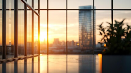 Poster - Modern office interior with sunset view and reflections, serene atmosphere.