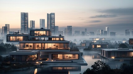 Poster - Modern architectural design featuring luxurious homes by the water at twilight.