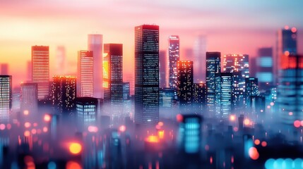 Poster - Blurry city skyline at sunset with vibrant colors and soft focus effect.