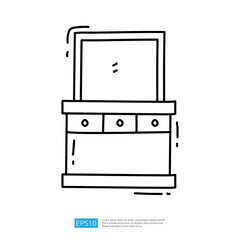 Poster - A simple line drawing of a dresser with a mirror on top, featuring three drawers. It represents a furniture piece commonly found in bedrooms.