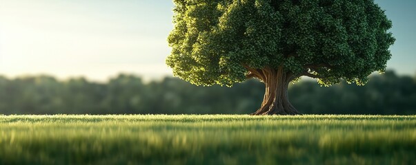 Poster - Lush green tree in a serene landscape under a clear blue sky.