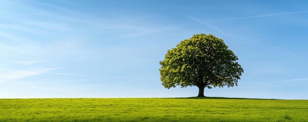 Poster - Lone tree on a grassy hill under a clear blue sky with flying birds.