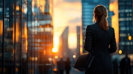 Poster - Professional woman gazing at a city skyline during sunset.