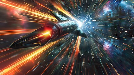 Poster - spaceship accelerating at warp speed, streaking through a vibrant nebula. cosmic adventure