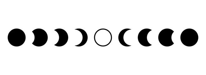 Wall Mural - full sun eclipse concept. set of moon phases or stages. total sun eclipse and lunar cycle. black and