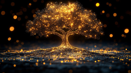 Poster - digital golden tree resembling a circuit board, symbolizing technology and nature's interconnectedness, set against an empty blank background, evoking a sense of innovation and potential