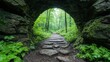© BOJOShop - Serene Forest Path Through Stone Archway  Nature Trail  Hiking  Green Leaves  Mossy Rocks