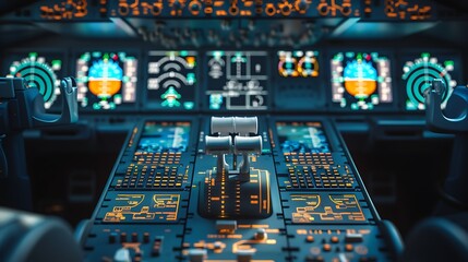 Poster - Modern airplane cockpit, highlighting advanced technology and intricate flight controls a captivating view of aviation's digital age.