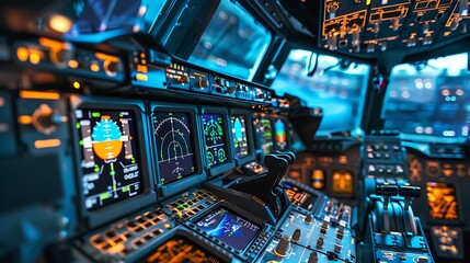 Poster - Close-up view of an airplane's modern cockpit at night, showcasing advanced technology.