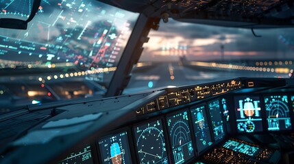 Poster - Stunning night view from an airplane's cockpit, showing the runway lights and advanced digital displays.