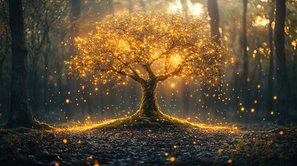 Poster - digital golden tree resembling a circuit board, symbolizing technology and nature's interconnectedness, set against an empty blank background, evoking a sense of innovation and potential