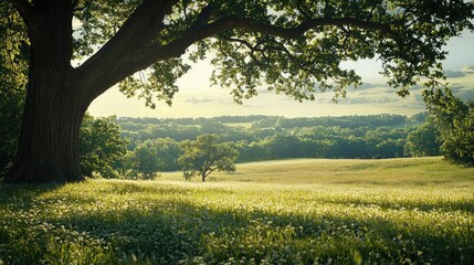 Poster - Lush green field under a large tree with a scenic background.
