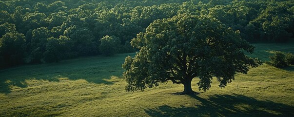 Aufkleber - Lone tree in a green field under soft sunlight, enhancing nature's beauty.