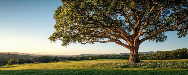 Poster - Lush green landscape featuring a majestic tree under a clear blue sky.