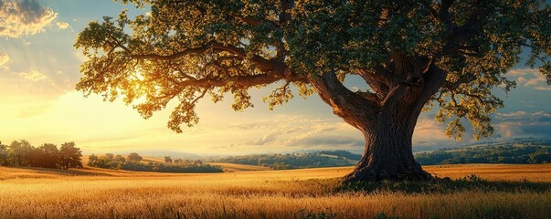 Poster - Majestic tree under a vibrant sunset in a golden field.
