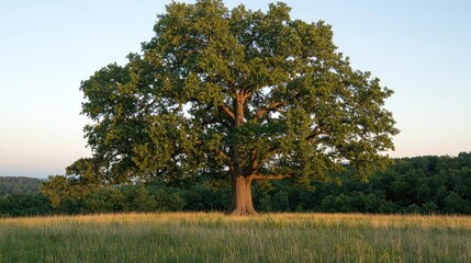 Poster - Majestic tree in a field during golden hour, vibrant green leaves, serene landscape.