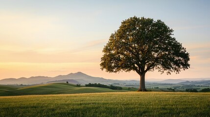 Poster - Lone tree on grassy field with sunset in the background, serene landscape view.