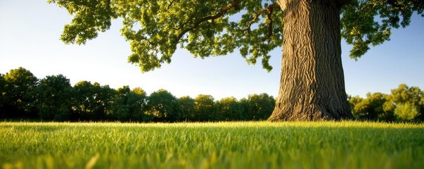Poster - Majestic tree standing tall on lush green grass under a clear blue sky.