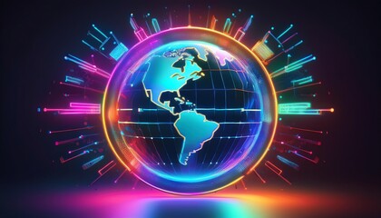 Poster - A vibrant, digital representation of Earth, encircled by colorful, glowing elements symbolizing connectivity and technology.
