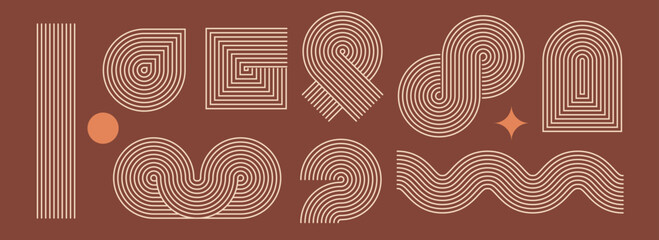 Poster - Boho line element set. Brown wave and arch form design. Middle century curves and arcs collection. Bohemian decorative ornamental shape bundle for badge, icon, poster, banner, template. Vector