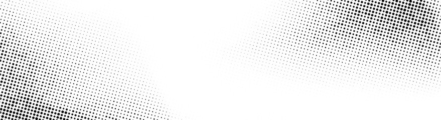 Poster - Grunge halftone background. Fading gritty noise gradient texture. Black and white sand wallpaper. Anime or manga comic style overlay. Wide long retro pixel backdrop. Vector rasterized grit print