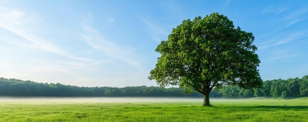 Poster - Lonely tree in a green field under a clear blue sky, tranquil nature scenery.