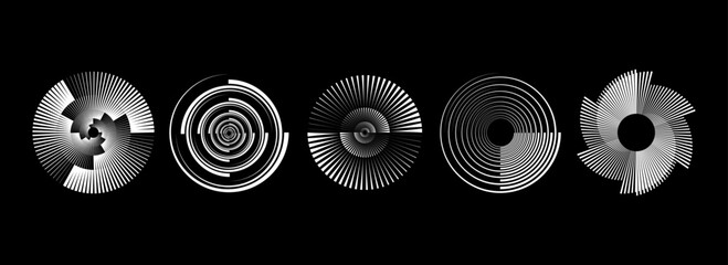 Poster - Radial abstract spiral pattern set. Circular rotating sound wave concepts. Circle speed line form collection. Sunburst ray and beam design element for icon, badge, logo, tag, label, emblem. Vector