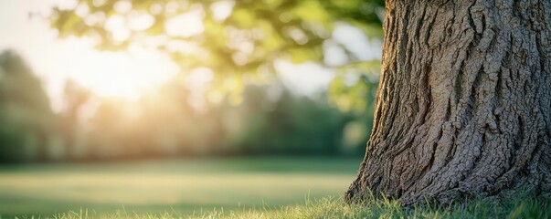 Poster - Close-up of a tree trunk against a sunlit green background.