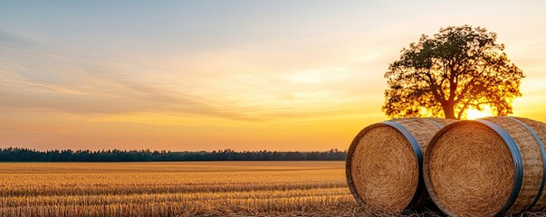 Poster - Serene sunset over a field with straw bales and a silhouette of a tree.