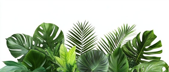 Wall Mural - Green leaves of tropical plants bush (Monstera, palm, fern, rubber plant, pine, birds nest fern) floral arrangement indoors garden nature backdrop isolated on white background