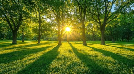 Poster - Sunlight filtering through green trees in a lush park, creating beautiful shadows.