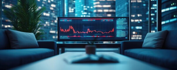 Poster - Modern workspace with financial data displayed on screen, night city view.
