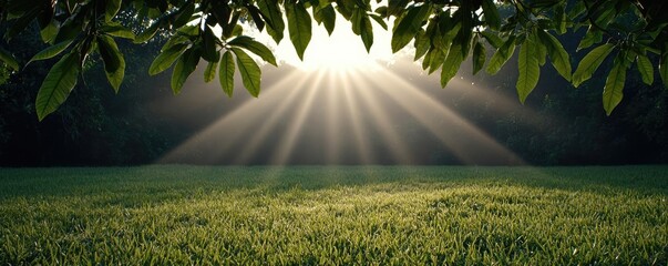 Poster - Sunlight filtering through trees onto a vibrant green field.