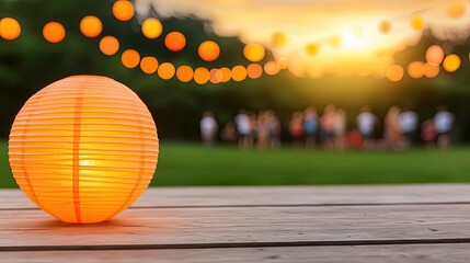 Poster - Illuminated lantern on wooden table during outdoor gathering at sunset.
