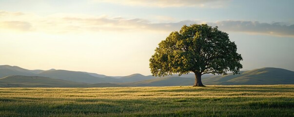 Poster - Lone tree in a serene landscape with gentle sunlight, rolling hills in the background.