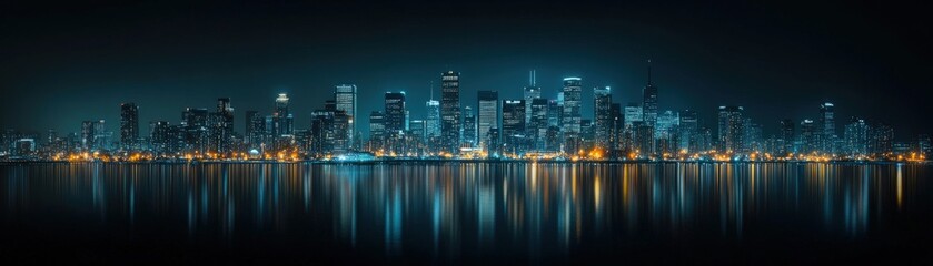 Aufkleber - Nighttime Skyline View of a Modern City with Illuminated Buildings and Reflections on Calm Water, Capturing Urban Vibes and Architectural Beauty