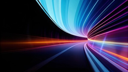 Fototapete - Abstract neon digital lines in dark space, glowing multicolored energy motion on a black background. Cyberspace with fast light trails. Glowing colored curve lines on a black background