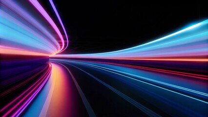 Fototapete - Abstract neon digital lines in dark space, glowing multicolored energy motion on a black background. Cyberspace with fast light trails. Glowing colored curve lines on a black background