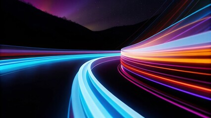 Fototapete - Abstract neon digital lines in dark space, glowing multicolored energy motion on a black background. Cyberspace with fast light trails. Glowing colored curve lines on a black background