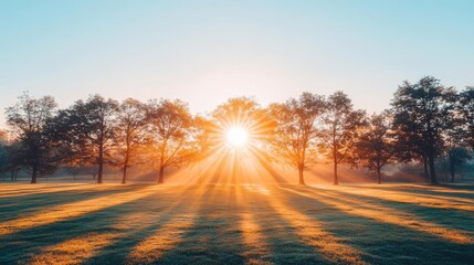 Poster - Sunlight filtering through trees during sunrise in a serene landscape.