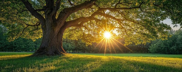 Poster - Majestic tree with sun rays shining through its leaves in a lush green field.