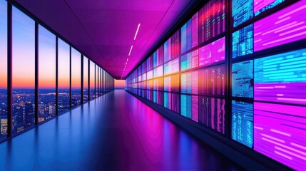 Aufkleber - Futuristic corridor with vibrant digital screens and city skyline views at sunset.